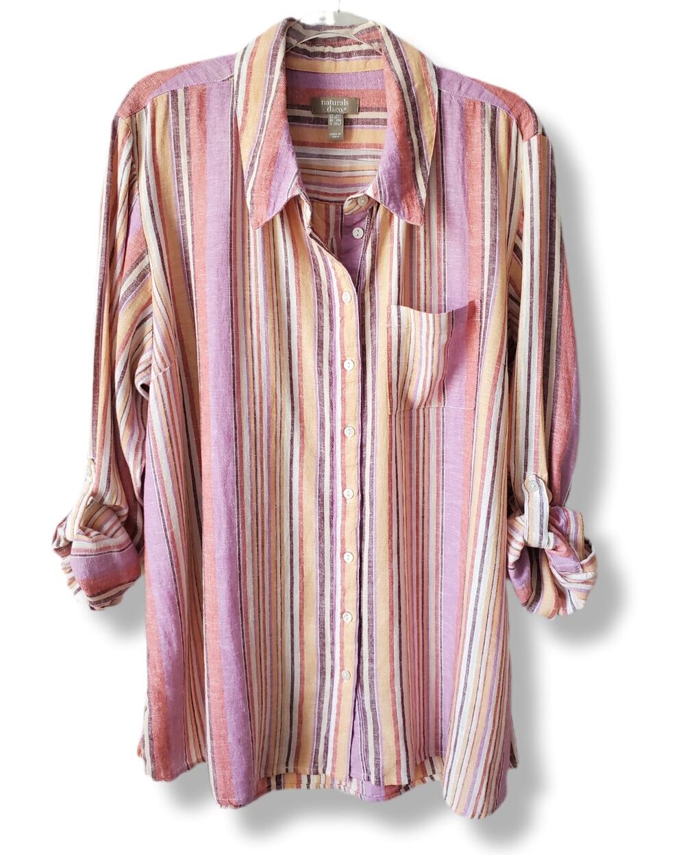 D&Co Naturals Linen Multicolor Stripe Button Shirt Top 2XP Coastal Beach Casual